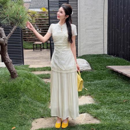 BY14589# 夏季新中式改良旗袍刺绣花边拼接气质温柔假两件大摆连衣裙 服裝批發女裝批發服飾貨源