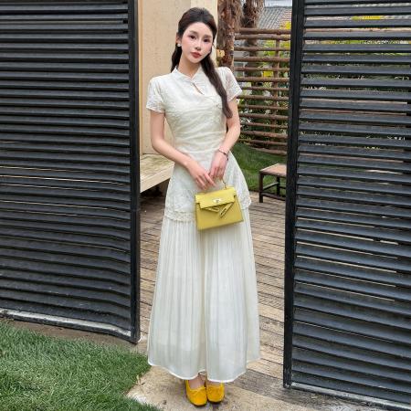 BY14589# 夏季新中式改良旗袍刺绣花边拼接气质温柔假两件大摆连衣裙 服裝批發女裝批發服飾貨源