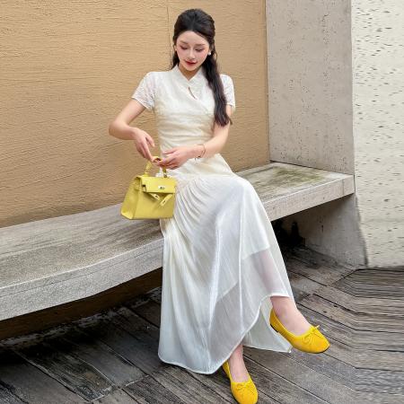 BY14589# 夏季新中式改良旗袍刺绣花边拼接气质温柔假两件大摆连衣裙 服裝批發女裝批發服飾貨源