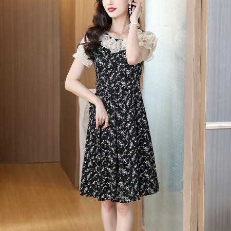 BY14597# 黑色碎花雪纺...