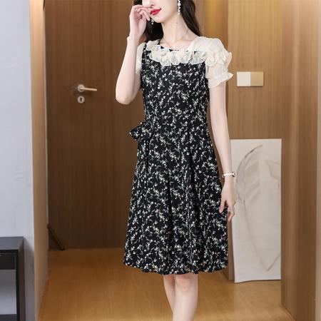 BY14597# 黑色碎花雪纺飘带连衣裙女荷叶边遮肚百搭优雅时尚甜美女装裙 服裝批發女裝批發服飾貨源