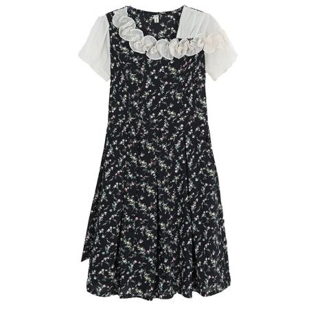 BY14597# 黑色碎花雪纺飘带连衣裙女荷叶边遮肚百搭优雅时尚甜美女装裙 服裝批發女裝批發服飾貨源