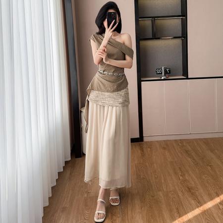 BY14600# 夏新款复古斜肩飘带设计感上衣针织拼纱半裙度假风套装女 服裝批發女裝批發服飾貨源