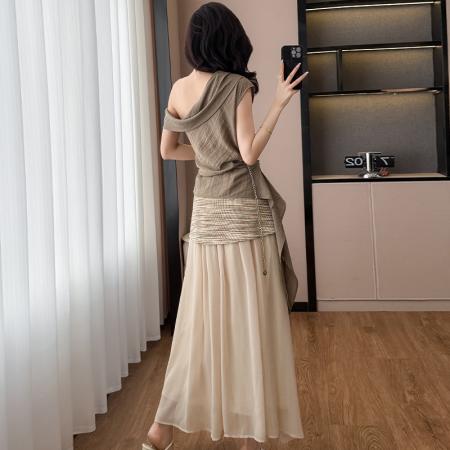 BY14600# 夏新款复古斜肩飘带设计感上衣针织拼纱半裙度假风套装女 服裝批發女裝批發服飾貨源