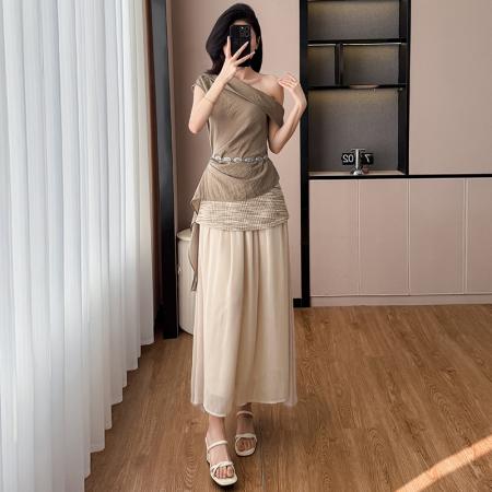 BY14600# 夏新款复古斜肩飘带设计感上衣针织拼纱半裙度假风套装女 服裝批發女裝批發服飾貨源