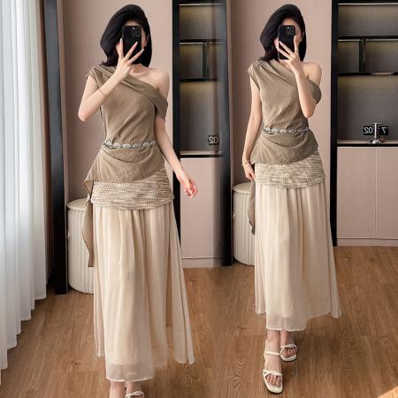 BY14600# 夏新款复古斜肩飘带设计感上衣针织拼纱半裙度假风套装女 服裝批發女裝批發服飾貨源