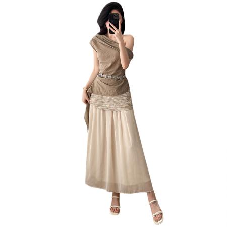 BY14600# 夏新款复古斜肩飘带设计感上衣针织拼纱半裙度假风套装女 服裝批發女裝批發服飾貨源