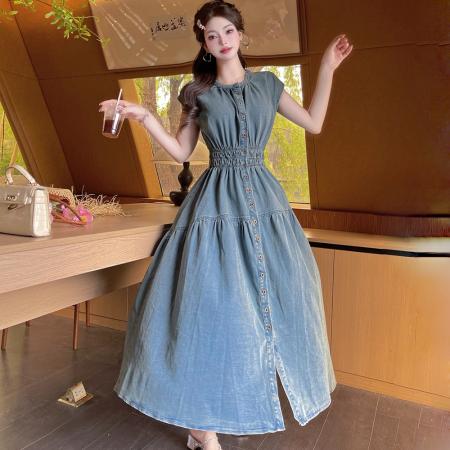 BY14603# 法式无袖牛仔连衣裙女夏季新款高级感时尚收腰大摆显瘦背心裙 服裝批發女裝批發服飾貨源