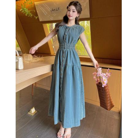 BY14603# 法式无袖牛仔连衣裙女夏季新款高级感时尚收腰大摆显瘦背心裙 服裝批發女裝批發服飾貨源