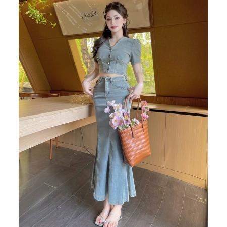 BY14606# 法式复古牛仔套装V领泡泡短袖牛仔上衣鱼尾半身裙两件装 服裝批發女裝批發服飾貨源