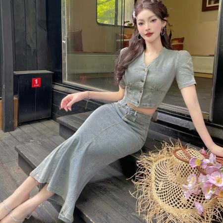 BY14606# 法式复古牛仔套装V领泡泡短袖牛仔上衣鱼尾半身裙两件装 服裝批發女裝批發服飾貨源