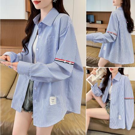 BY14608# 韩系条纹长袖衬衫女夏季薄款防晒宽松慵懒风通勤百搭衬衣 服裝批發女裝批發服飾貨源