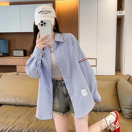 BY14608# 韩系条纹长袖衬衫女夏季薄款防晒宽松慵懒风通勤百搭衬衣 服裝批發女裝批發服飾貨源