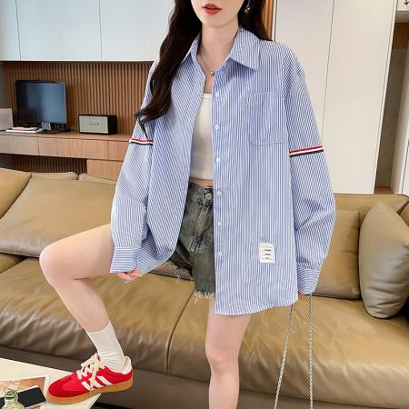 BY14608# 韩系条纹长袖衬衫女夏季薄款防晒宽松慵懒风通勤百搭衬衣 服裝批發女裝批發服飾貨源