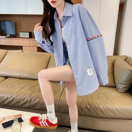 BY14608# 韩系条纹长袖衬衫女夏季薄款防晒宽松慵懒风通勤百搭衬衣 服裝批發女裝批發服飾貨源