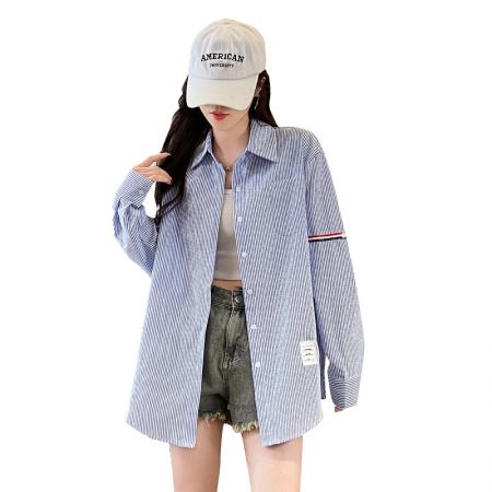 BY14608# 韩系条纹长袖衬衫女夏季薄款防晒宽松慵懒风通勤百搭衬衣 服裝批發女裝批發服飾貨源