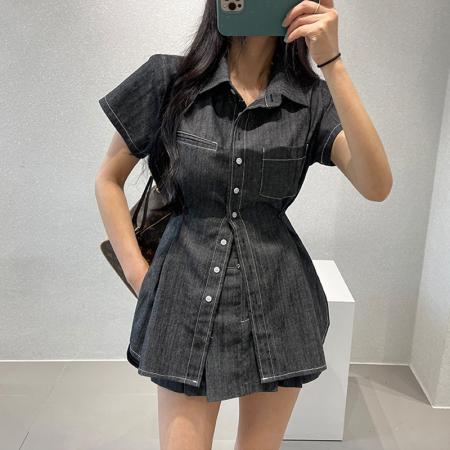 BY14609# 翻领短袖收腰衬衣式连衣裙+压褶短裙两件套 服裝批發女裝批發服飾貨源