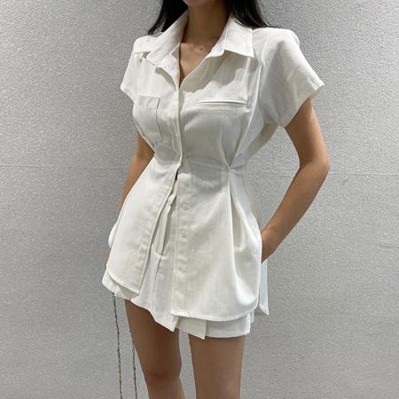 BY14609# 翻领短袖收腰衬衣式连衣裙+压褶短裙两件套 服裝批發女裝批發服飾貨源