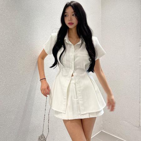 BY14609# 翻领短袖收腰衬衣式连衣裙+压褶短裙两件套 服裝批發女裝批發服飾貨源