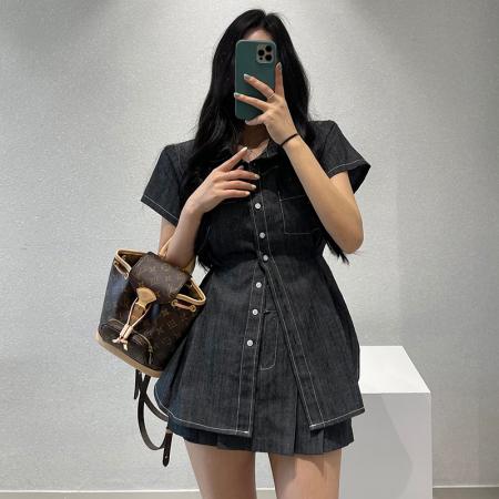 BY14609# 翻领短袖收腰衬衣式连衣裙+压褶短裙两件套 服裝批發女裝批發服飾貨源