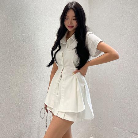 BY14609# 翻领短袖收腰衬衣式连衣裙+压褶短裙两件套 服裝批發女裝批發服飾貨源