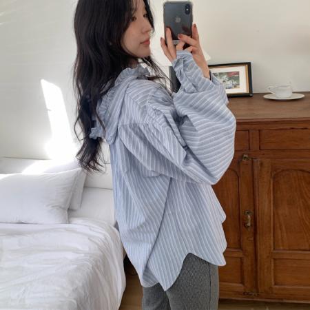 BY14610# 复古减龄木耳边连帽条纹衬衫外套宽松休闲上衣 服裝批發女裝批發服飾貨源
