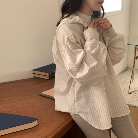 BY14610# 复古减龄木耳边连帽条纹衬衫外套宽松休闲上衣 服裝批發女裝批發服飾貨源