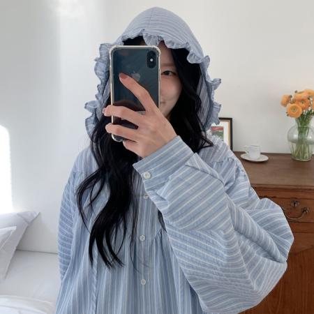 BY14610# 复古减龄木耳边连帽条纹衬衫外套宽松休闲上衣 服裝批發女裝批發服飾貨源