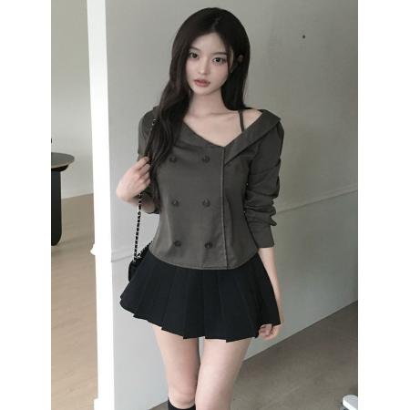 BY14611# 设计感轻熟风双排扣不规则显瘦上衣 服裝批發女裝批發服飾貨源