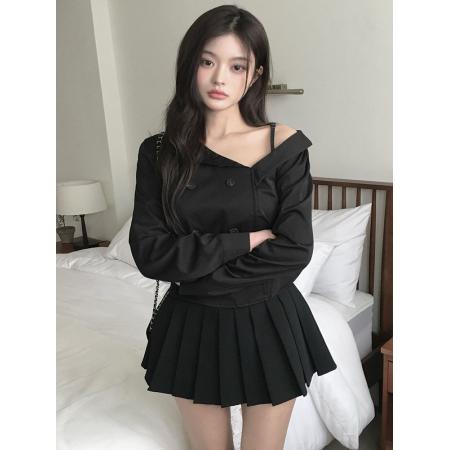 BY14611# 设计感轻熟风双排扣不规则显瘦上衣 服裝批發女裝批發服飾貨源