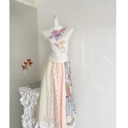 BY14619# 芝士日春野蜜果复古独特四拼碎花拼接半裙春季森系高腰半身裙 服裝批發女裝批發服飾貨源