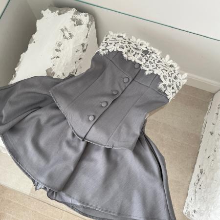 BY14620# 法式复古辣妹时尚显瘦灰色抹胸+半身裙两件套装女夏季 服裝批發女裝批發服飾貨源