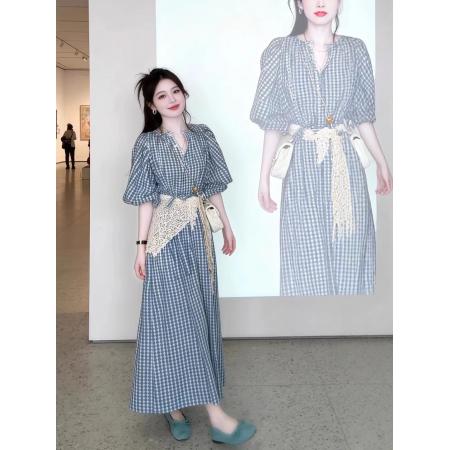 BY14621# 早春漂亮蓝色格子连衣裙新款今年流行爆款巨好看的长裙子女 服裝批發女裝批發服飾貨源