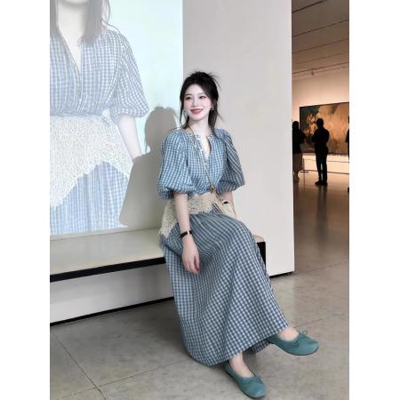 BY14621# 早春漂亮蓝色格子连衣裙新款今年流行爆款巨好看的长裙子女 服裝批發女裝批發服飾貨源