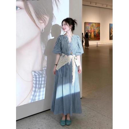 BY14621# 早春漂亮蓝色格子连衣裙新款今年流行爆款巨好看的长裙子女 服裝批發女裝批發服飾貨源
