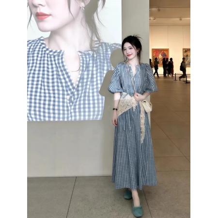 BY14621# 早春漂亮蓝色格子连衣裙新款今年流行爆款巨好看的长裙子女 服裝批發女裝批發服飾貨源