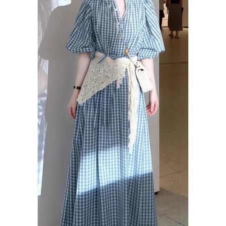 BY14621# 早春漂亮蓝色格子连衣裙新款今年流行爆款巨好看的长裙子女 服裝批發女裝批發服飾貨源