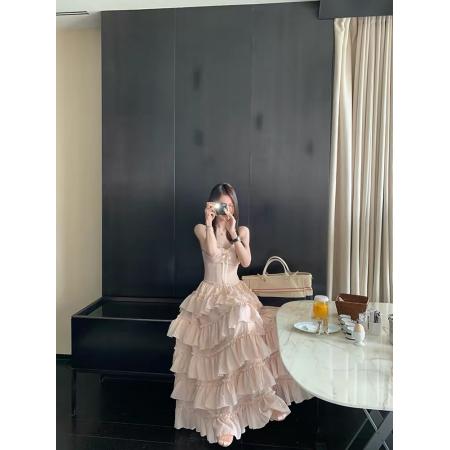 BY14622# 斯嘉丽裙摆法式重工4米耗料蕾丝吊带连衣裙立体蛋糕长裙 服裝批發女裝批發服飾貨源