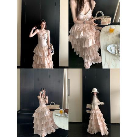 BY14622# 斯嘉丽裙摆法式重工4米耗料蕾丝吊带连衣裙立体蛋糕长裙 服裝批發女裝批發服飾貨源