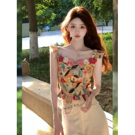 BY14624# 法式气质油画感飞飞袖修身上衣夏季新款辣妹掐腰漂亮小衫女装 服裝批發女裝批發服飾貨源