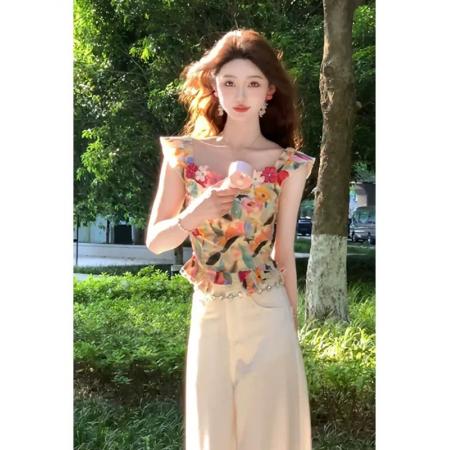 BY14624# 法式气质油画感飞飞袖修身上衣夏季新款辣妹掐腰漂亮小衫女装 服裝批發女裝批發服飾貨源