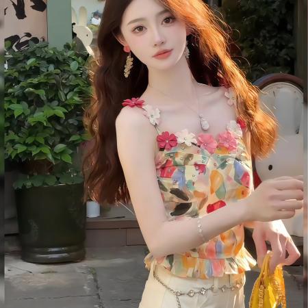 BY14624# 法式气质油画感飞飞袖修身上衣夏季新款辣妹掐腰漂亮小衫女装 服裝批發女裝批發服飾貨源