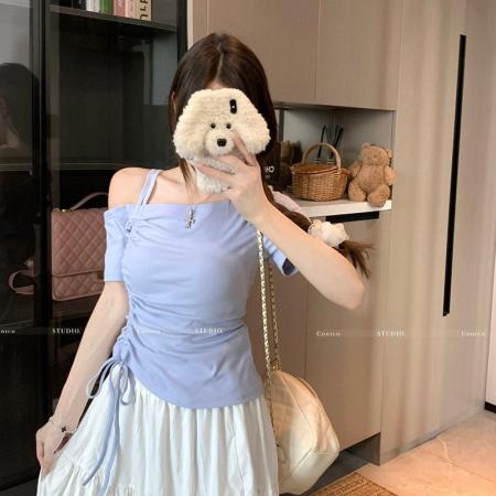 BY14626# 高弹螺纹设计感斜领露肩抽绳上衣女夏季小众别致收腰显瘦辣妹T恤 服裝批發女裝批發服飾貨源