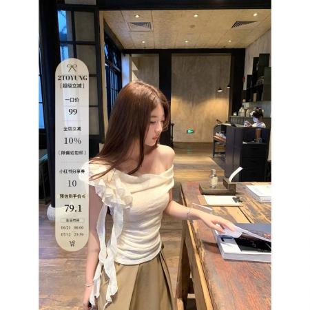 BY14627# 韩版天丝螺纹荡领飘带花朵斜肩短袖t恤女夏收腰褶皱背心上衣 服裝批發女裝批發服飾貨源