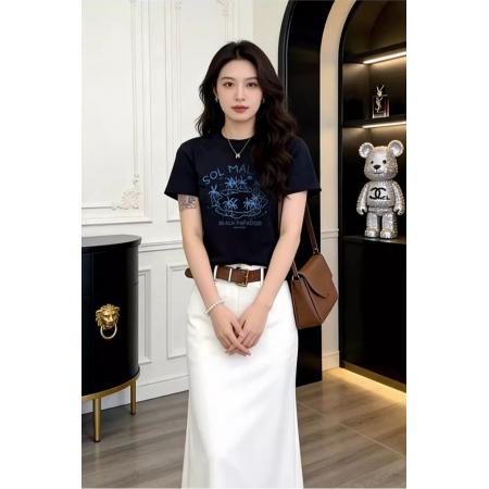 BY14629# 纯棉韩版辣妹正肩短袖T恤女修身印花上衣 服裝批發女裝批發服飾貨源