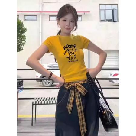 BY14631# 纯棉韩版辣妹正肩短袖T恤女修身印花上衣 服裝批發女裝批發服飾貨源