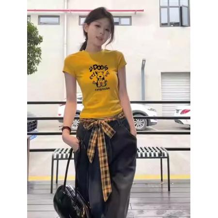 BY14631# 纯棉韩版辣妹正肩短袖T恤女修身印花上衣 服裝批發女裝批發服飾貨源