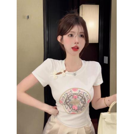 BY14637# 新中式国风盘扣正肩白色短袖t恤女夏修身收腰短款小个子辣妹上衣 服裝批發女裝批發服飾貨源