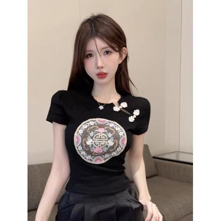 BY14637# 新中式国风盘扣正肩白色短袖t恤女夏修身收腰短款小个子辣妹上衣 服裝批發女裝批發服飾貨源