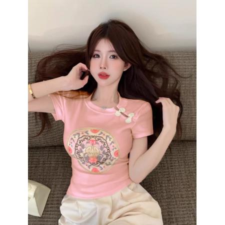 BY14637# 新中式国风盘扣正肩白色短袖t恤女夏修身收腰短款小个子辣妹上衣 服裝批發女裝批發服飾貨源